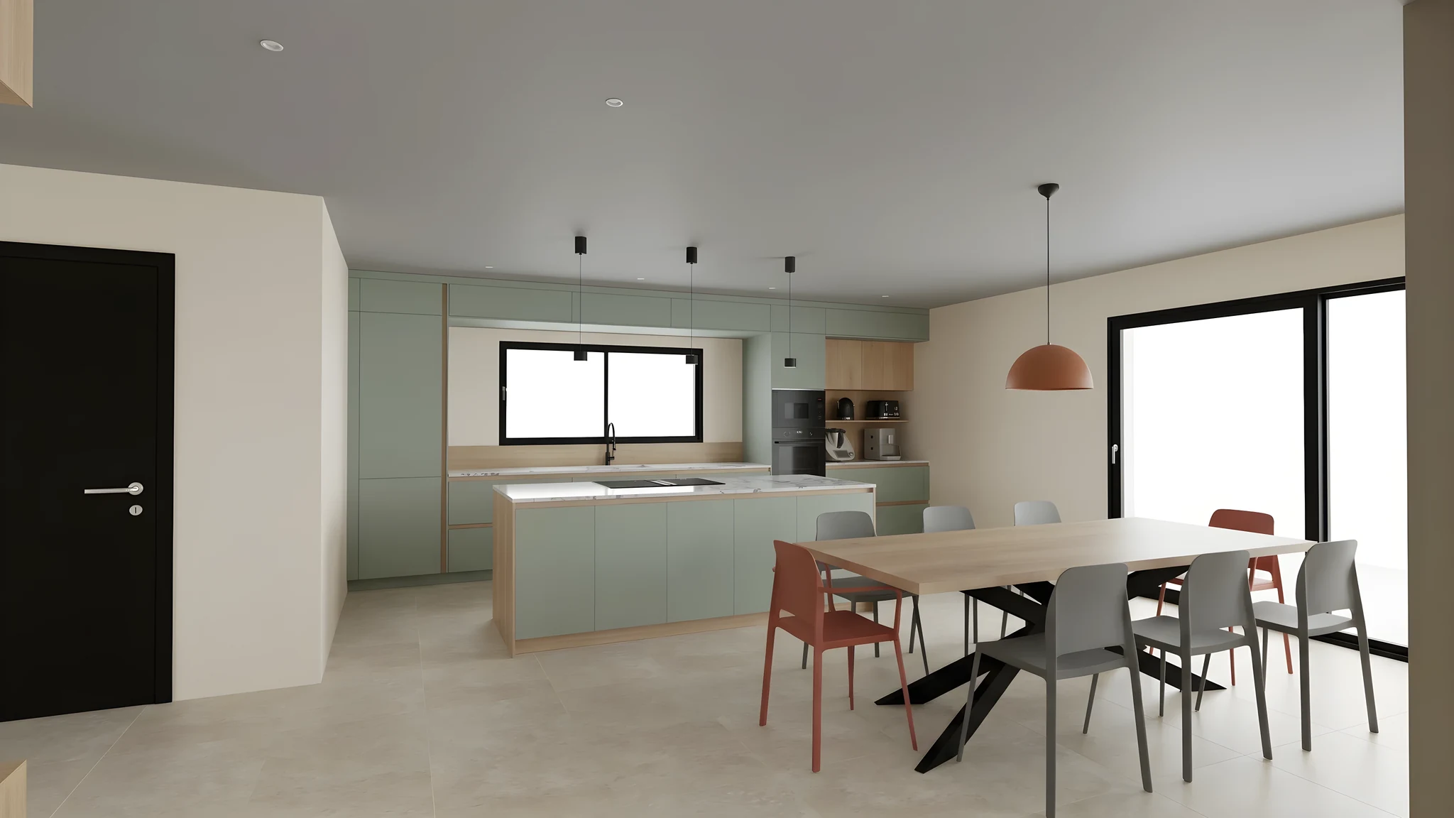 Cuisine ouverte sur le coin repas, meublée mais nue : îlot vert d’eau, grande table en bois, chaises terracotta et grises, murs sans cadre.