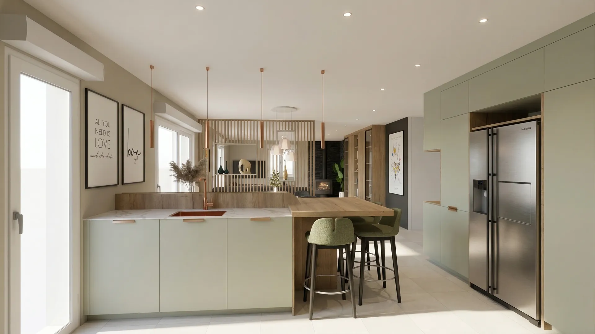 Cuisine en L aux façades vert sauge, îlot avec tabourets bois et cuir, réfrigérateur inox, rendu photoréaliste