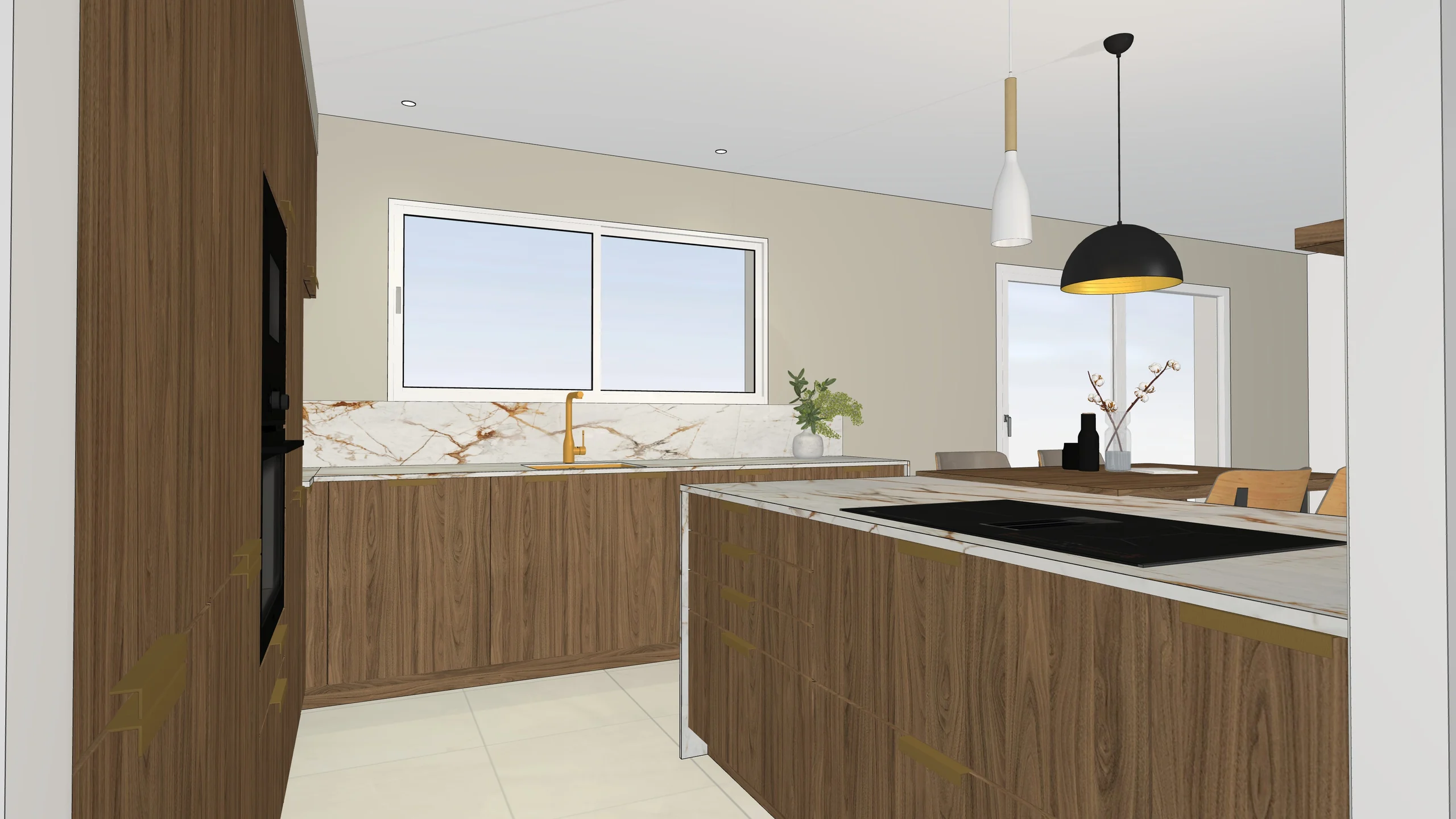 Export 3D brut : Cuisine en noyer et laiton