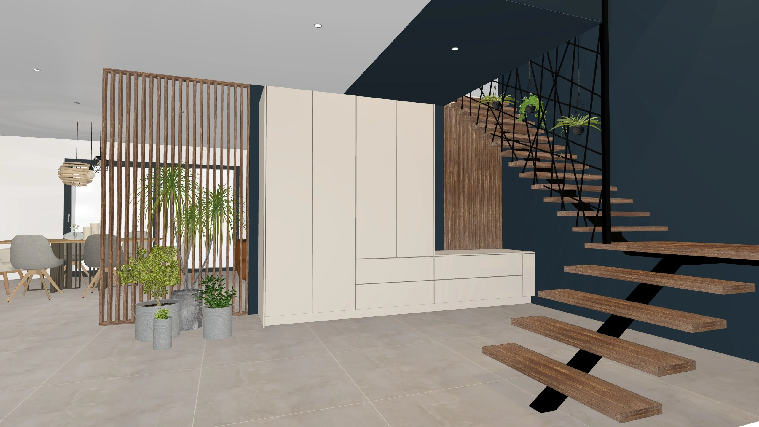 Export 3D brut : Entrée, escalier et claustra