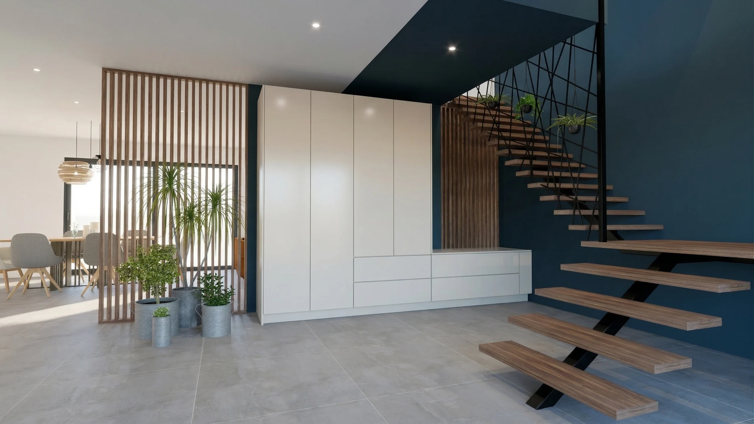 Rendu photoréaliste : Entrée, escalier et claustra