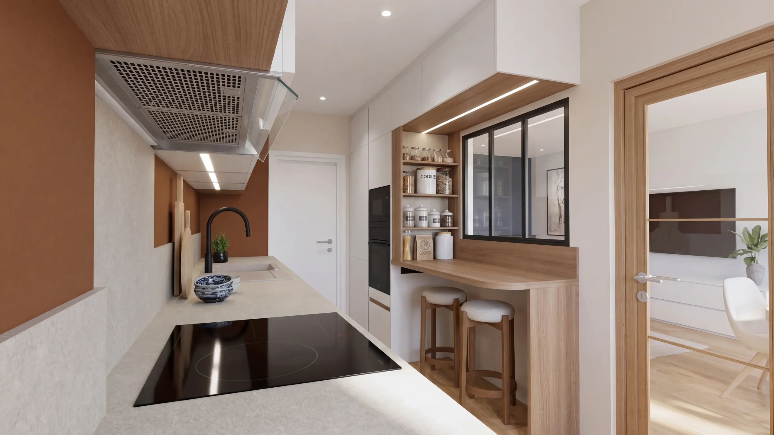 Rendu photoréaliste : Cuisine en longueur