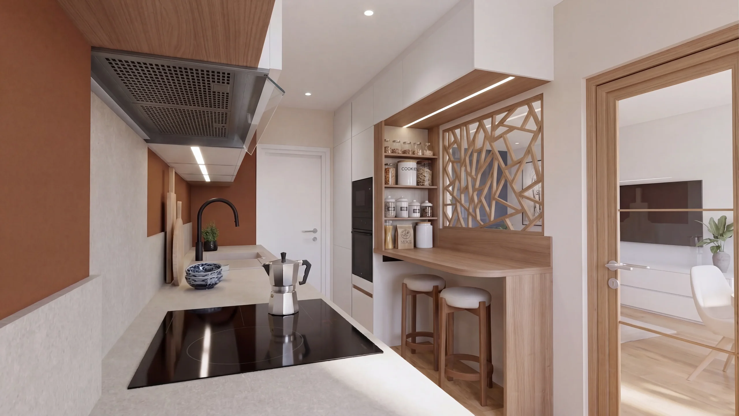 Fenêtre intérieure remplacée par un claustra en bois. Placards, plan et tabourets ne bougent pas. Cafetière ajoutée sur le plan de travail : son reflet apparaît sur la plaque de cuisson, rien d'autre ne change.