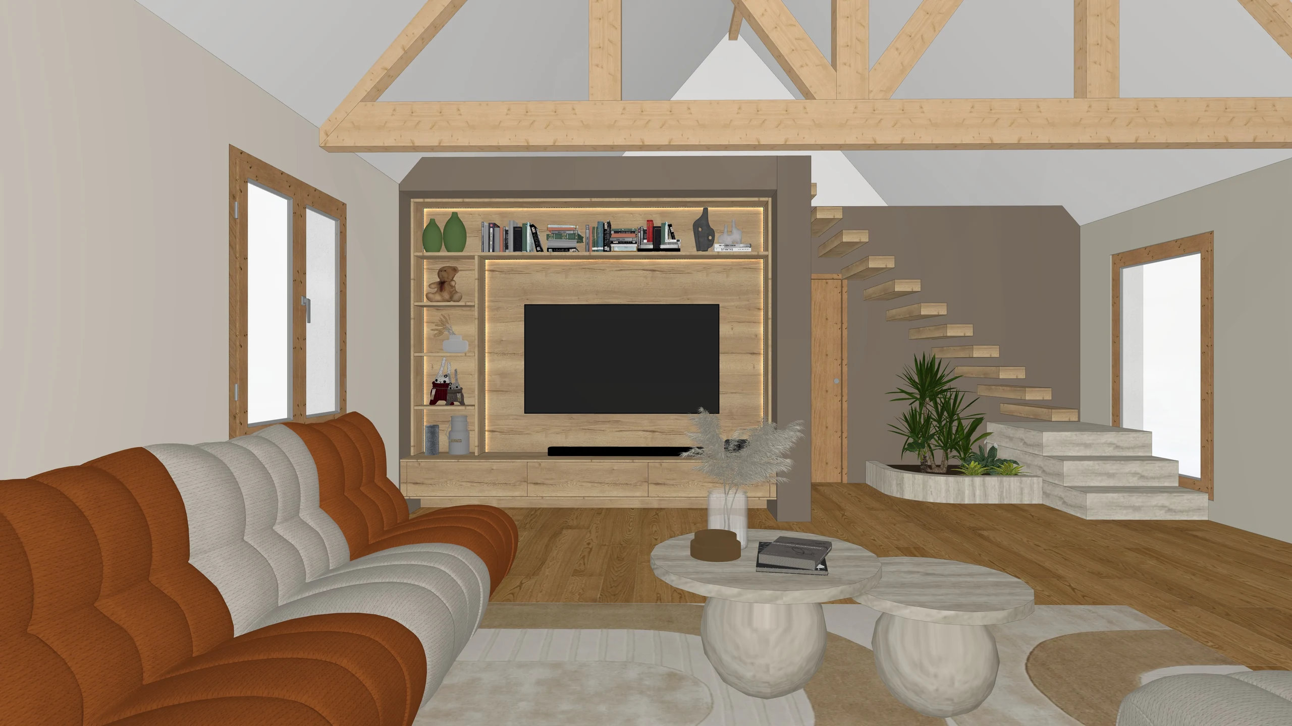 Export 3D brut d’un séjour sous charpente apparente : canapé, meuble télé en bois, escalier droit, textures sommaires, tel que sorti du logiciel de conception