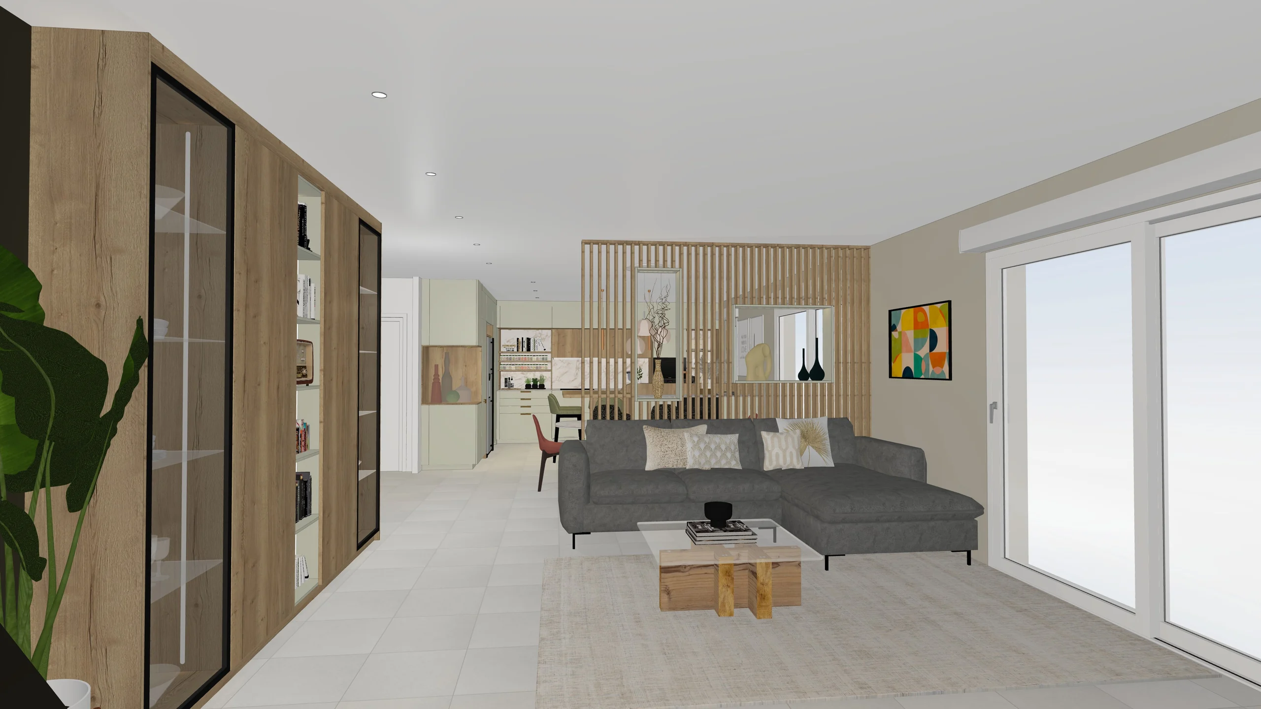 Export 3D brut : Séjour clair et claustra