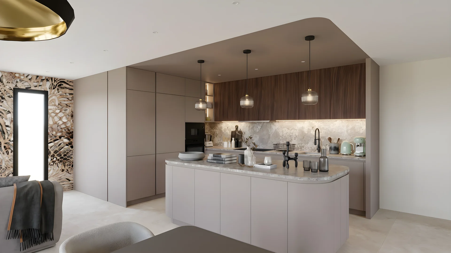 La même cuisine décorée : vaisselle et bougeoir sur l’îlot, plaid sur le canapé